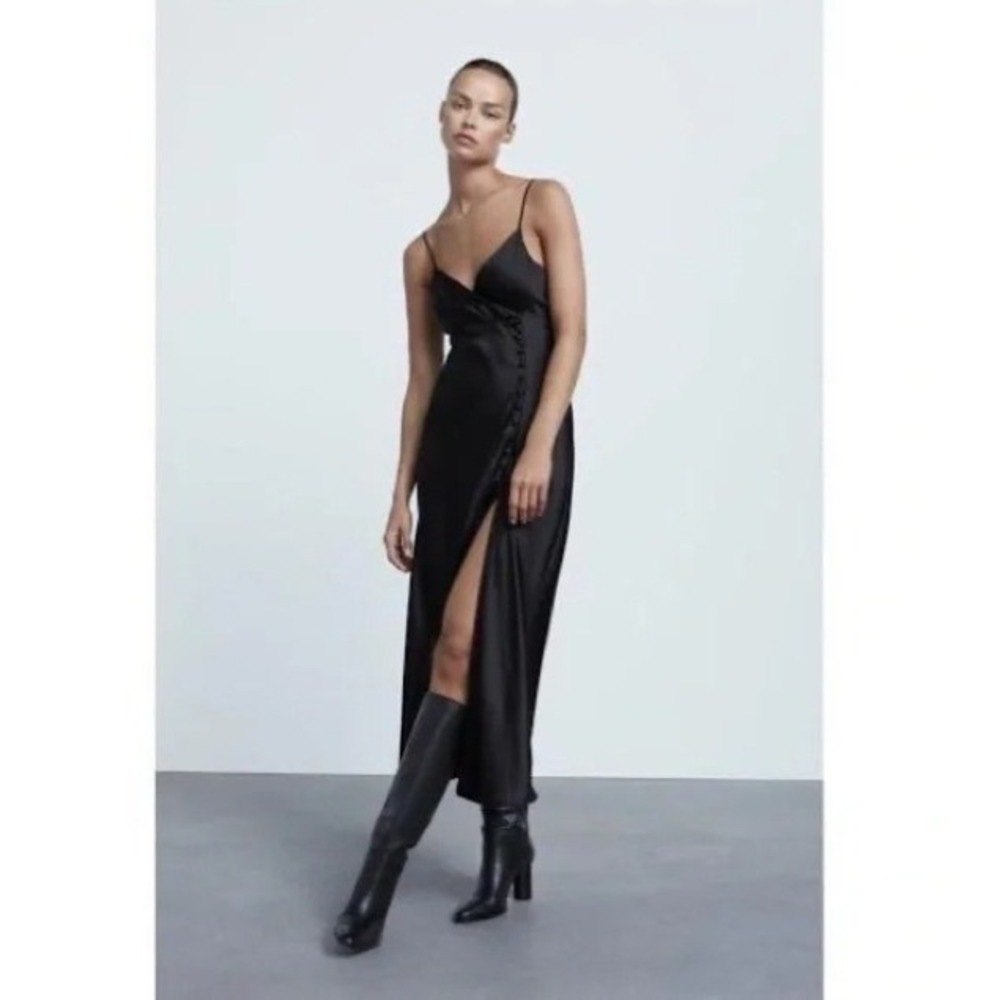 Zara Satin Effect Slip Dress with Buttons Midi Dress Side Slit Evening Gown S - Picture 4 of 11